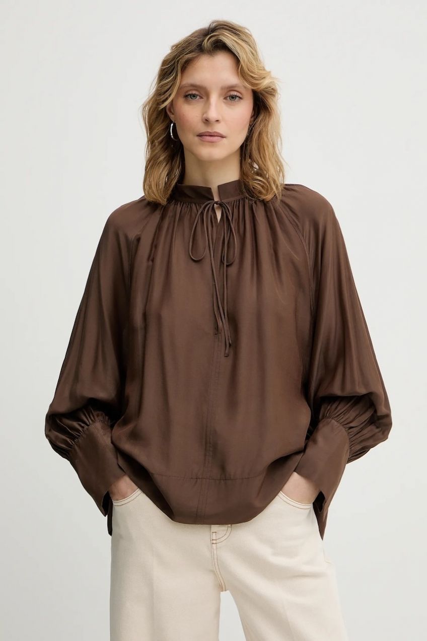 Blúzka s prímesou hodvábu MUNTHE ROSEBERGER hnedá farba, jednofarebná, 254102925427