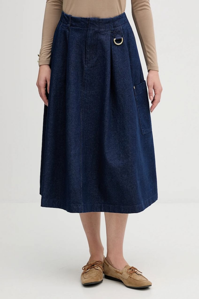 Rifľová sukňa Barbour Saima tmavomodrá farba, midi, áčkový strih, LSK0142