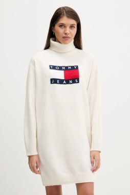 Šaty s prímesou vlny Tommy Jeans béžová farba, mini, rovný strih, DW0DW21908