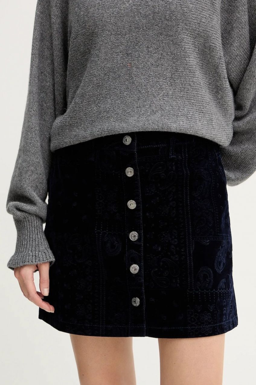 Zamatová sukňa Guess SERENA tmavomodrá farba, mini, rovný strih, W5BD86 D0731