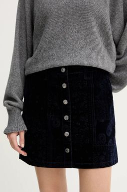 Zamatová sukňa Guess SERENA tmavomodrá farba, mini, rovný strih, W5BD86 D0731