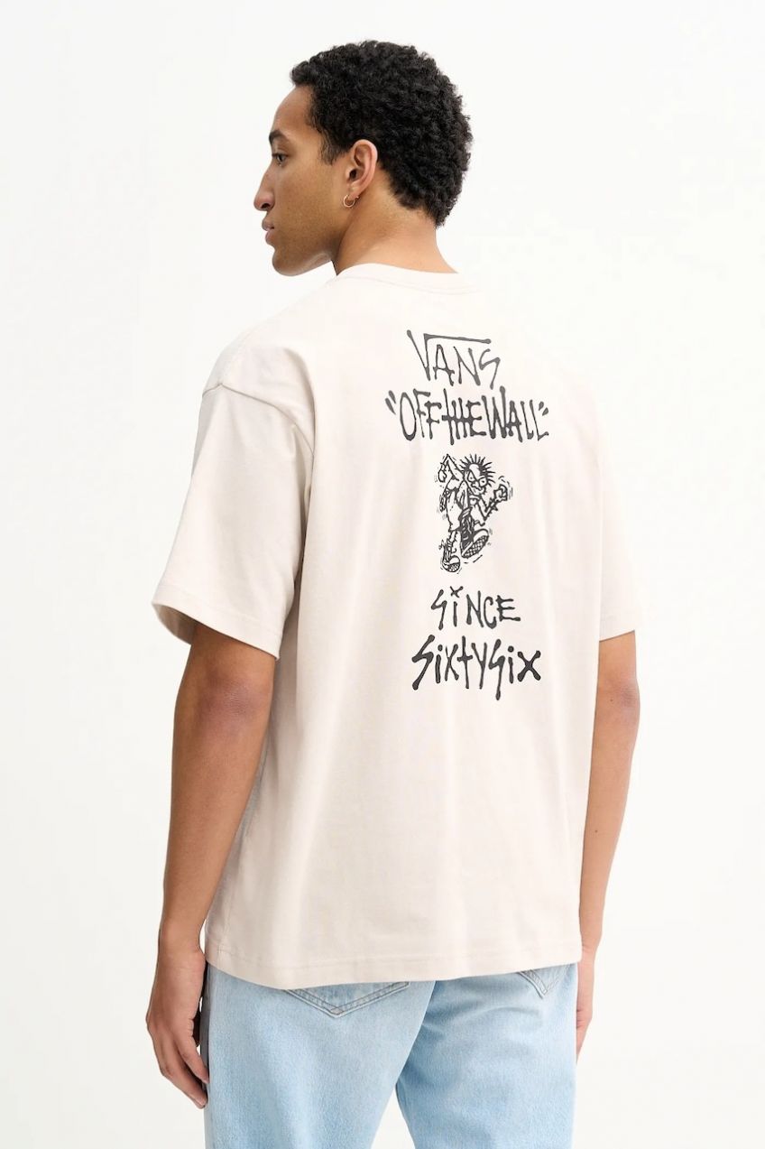 Bavlnené tričko Vans pánske, béžová farba, s potlačou, VN000RD4EN91