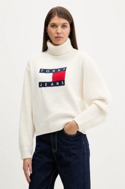 Sveter s prímesou vlny Tommy Jeans béžová farba, s rolákom, DW0DW22108