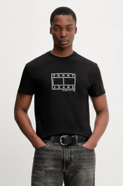 Bavlnené tričko Tommy Jeans pánske, čierna farba, vzorovaná, DM0DM22317