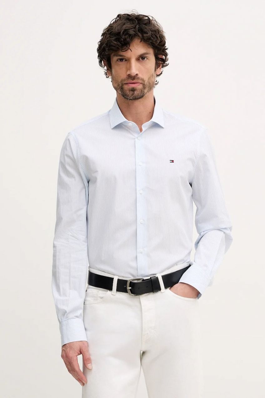 Bavlnená košeľa Tommy Hilfiger modrá farba, slim, s talianskym golierom, MW0MW41657