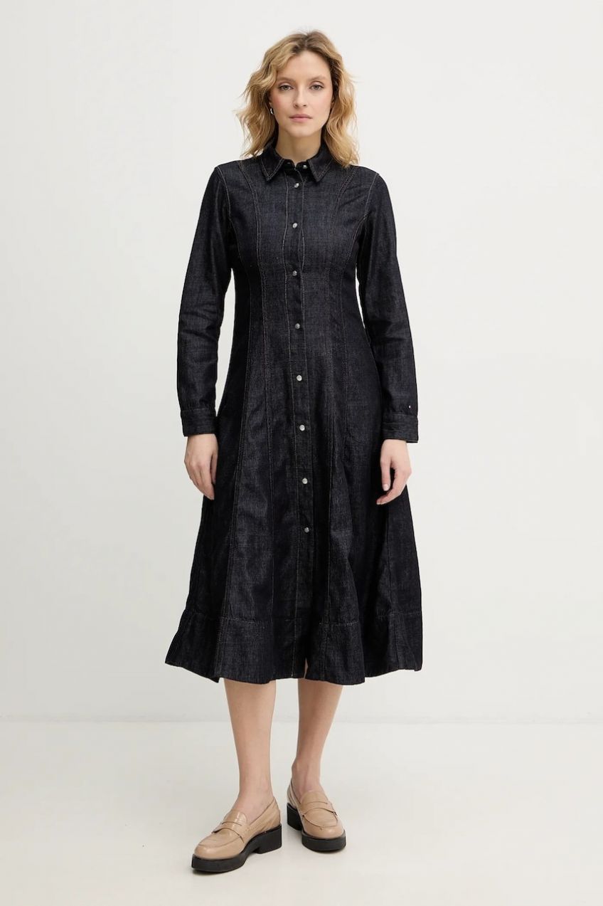 Rifľové šaty Tommy Hilfiger tmavomodrá farba, midi, áčkový strih, WW0WW48520