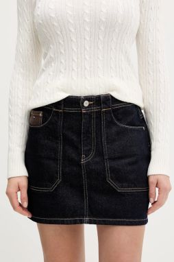 Rifľová sukňa Tommy Jeans tmavomodrá farba, mini, puzdrová, DW0DW21991