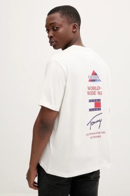 Bavlnené tričko Tommy Jeans pánske, béžová farba, s potlačou, DM0DM22337