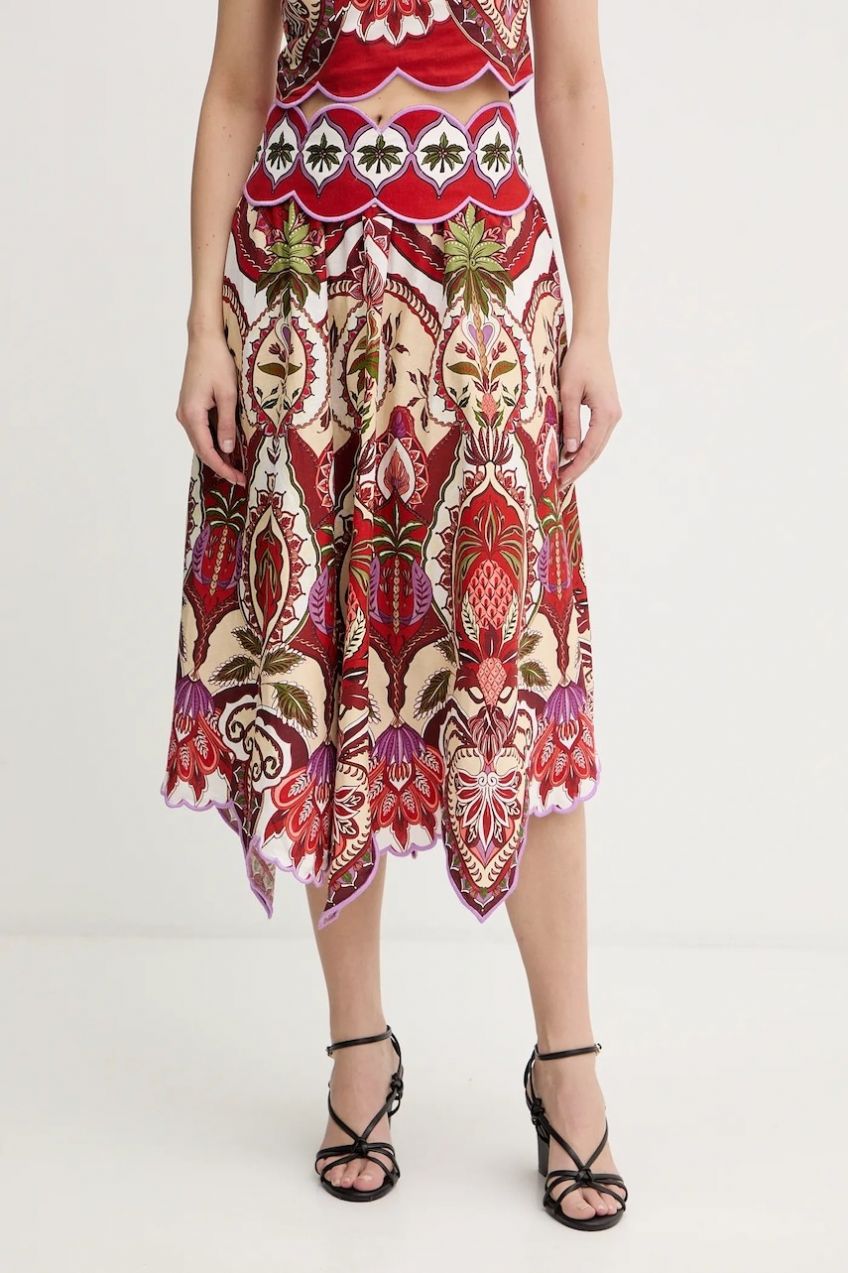 Ľanová sukňa Farm Rio červená farba, midi, áčkový strih, 344016