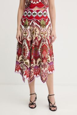 Ľanová sukňa Farm Rio červená farba, midi, áčkový strih, 344016