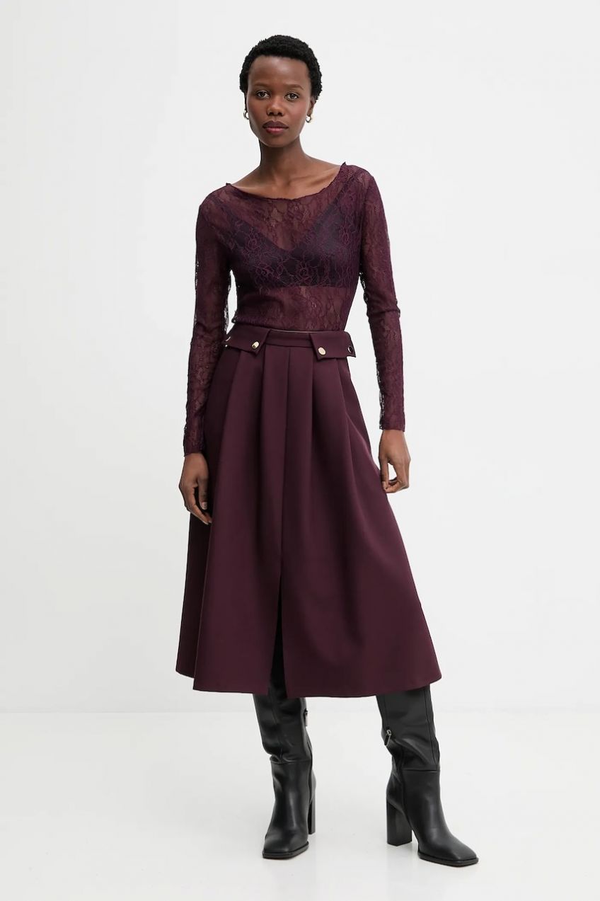 Sukňa Answear.LAB bordová farba, midi, áčkový strih