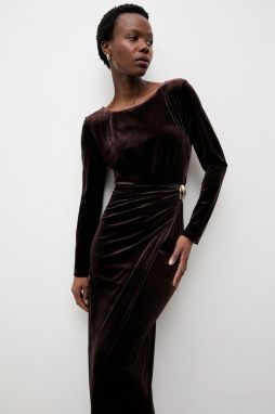 Zamatové šaty Answear.LAB hnedá farba, maxi, priliehavé