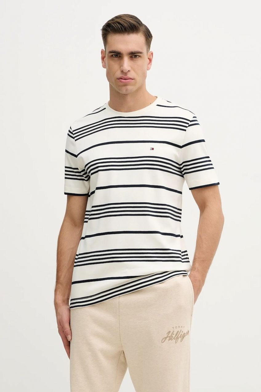 Bavlnené tričko Tommy Hilfiger pánske, béžová farba, vzorovaná, MW0MW41908