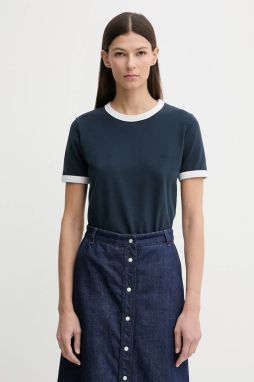 Bavlnené tričko A.P.C. T-SHIRT CROP MANCHE COURTE CONTRASTÉ dámske, tmavomodrá farba, COHBQ.F26550