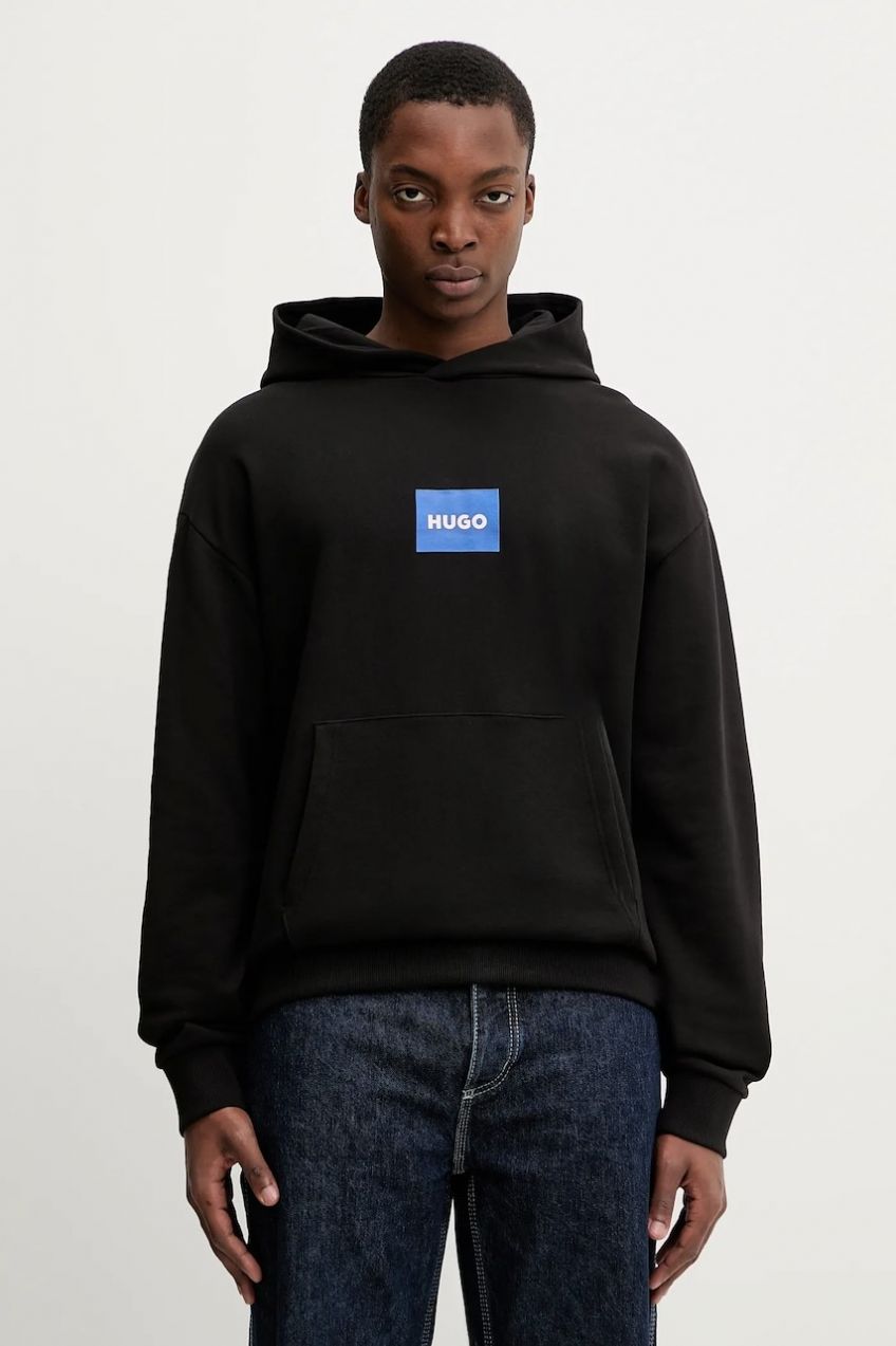 Bavlnená mikina Hugo Blue Nayohood čierna farba, s kapucňou, s potlačou, 50556613