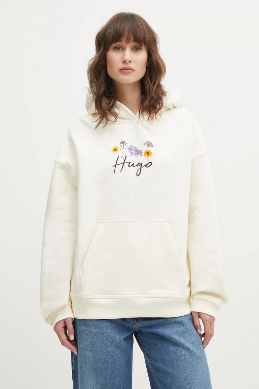 Bavlnená mikina HUGO Dalessandra_2 béžová farba, s kapucňou, s potlačou, 50555814