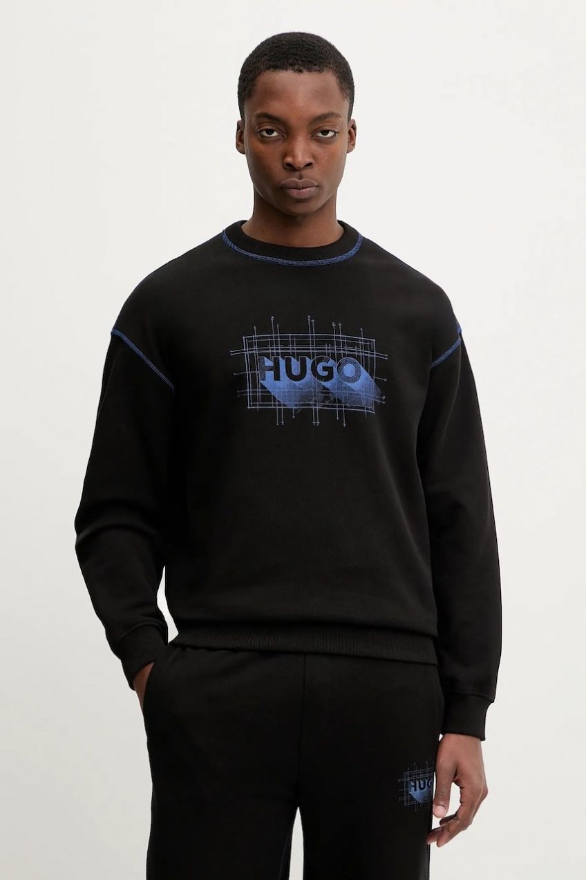 Bavlnená mikina Hugo Blue Nothalic čierna farba, s potlačou, 50553505