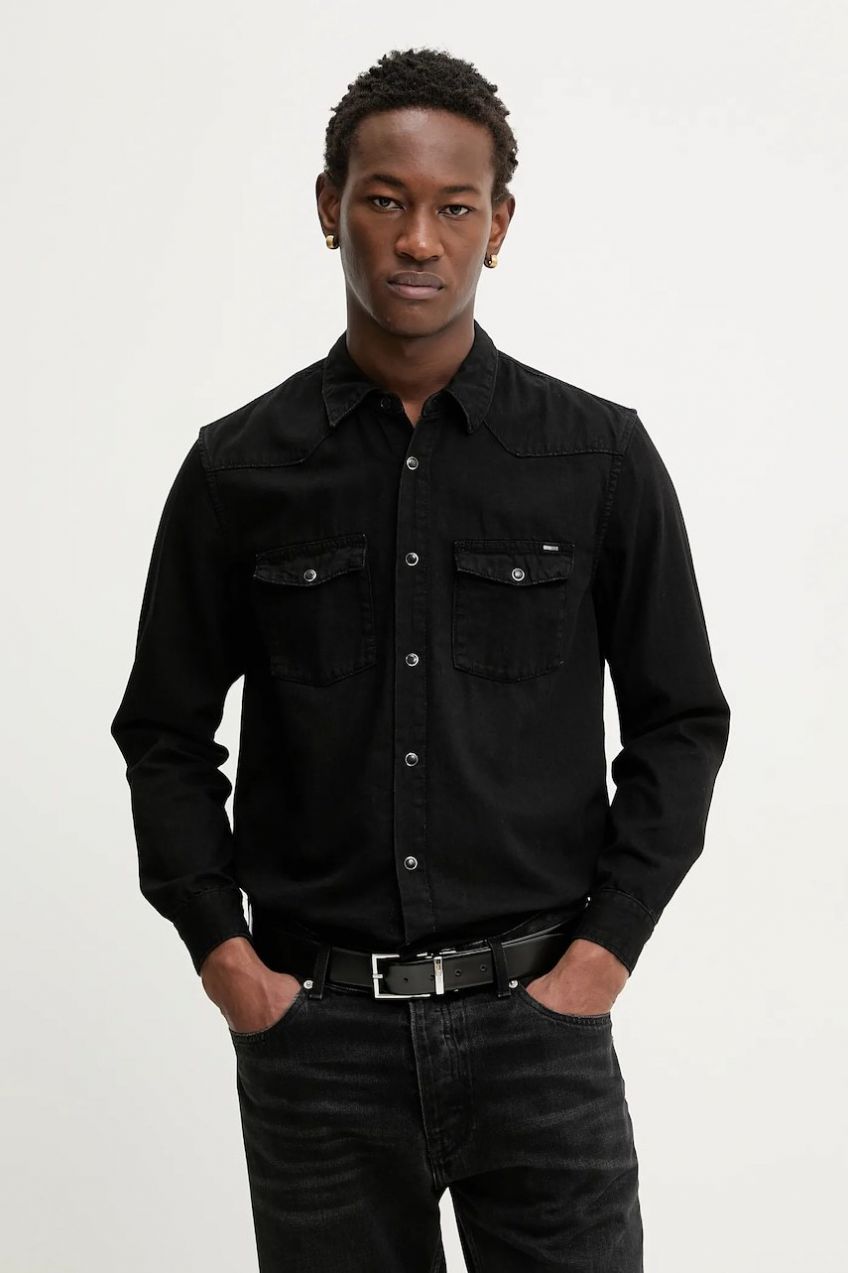 Košeľa Tommy Jeans čierna farba, regular, s klasickým golierom, DM0DM22432