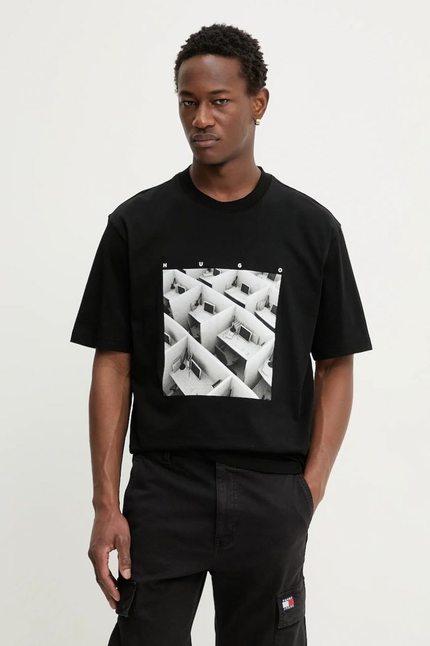 Bavlnené tričko HUGO Dodger pánske, čierna farba, s potlačou, 50553330