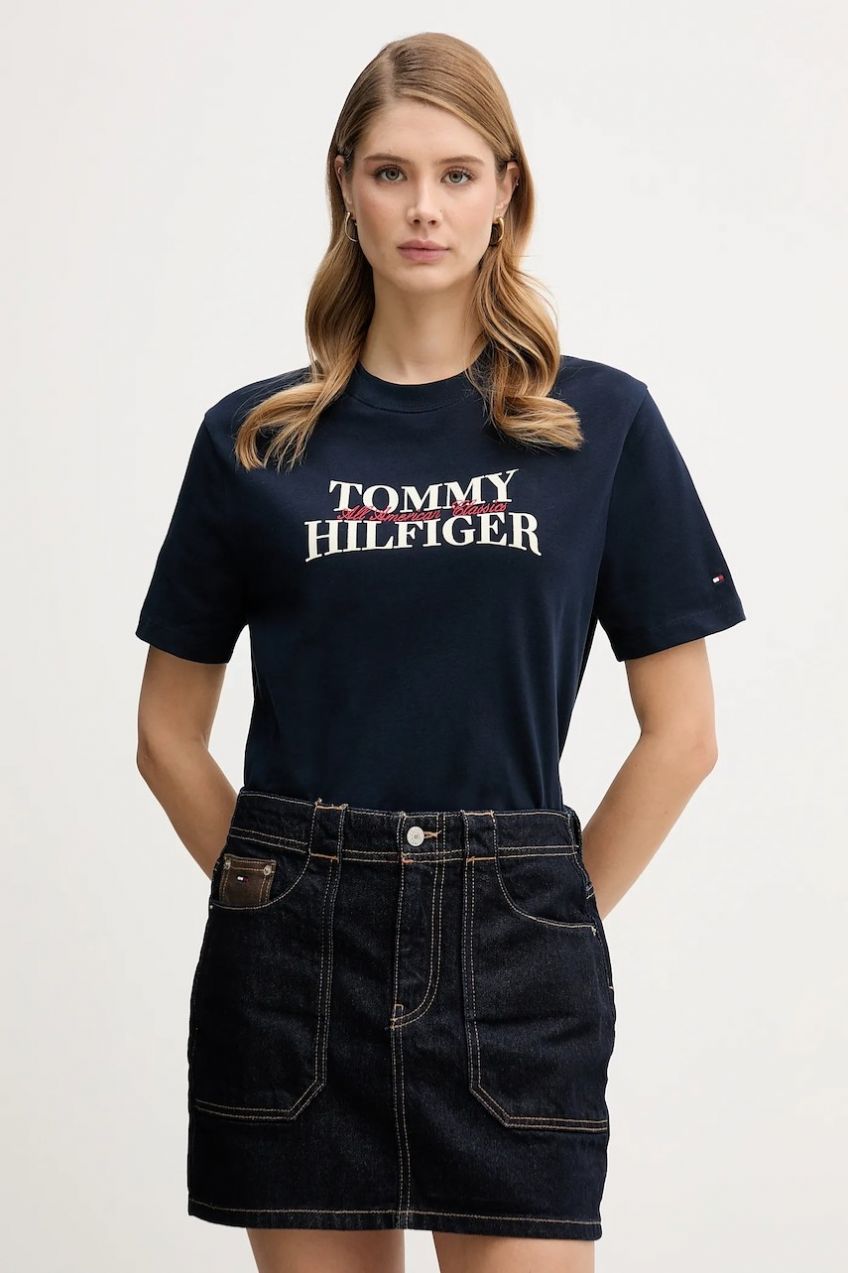 Bavlnené tričko Tommy Hilfiger dámske, tmavomodrá farba, WW0WW47884