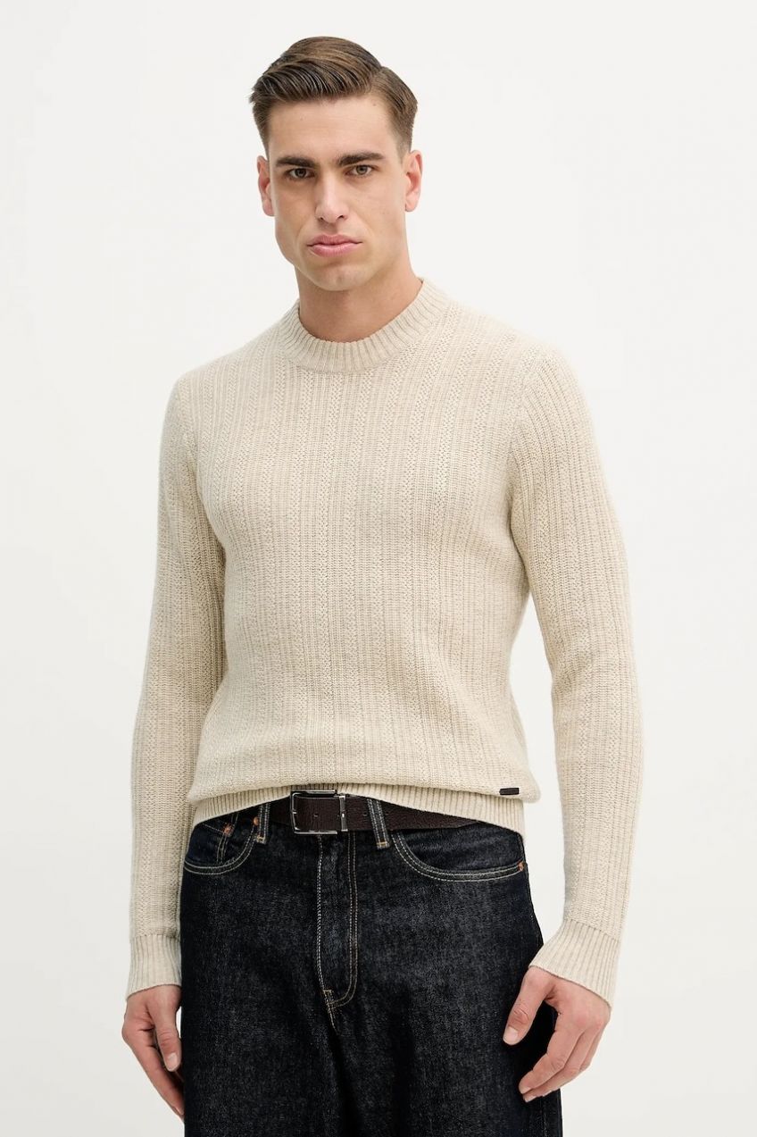 Vlnený sveter Hackett London béžová farba, HM7000125