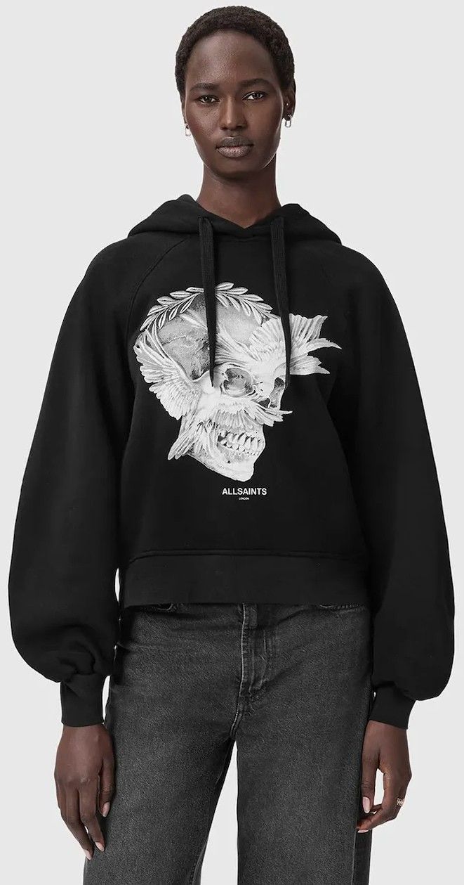 Bavlnená mikina AllSaints čierna farba, s kapucňou, s potlačou, W092JD