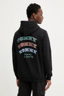 Bavlnená mikina Tommy Jeans čierna farba, s kapucňou, s potlačou, DM0DM22365