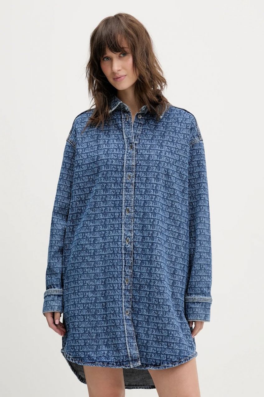 Rifľové šaty Tommy Jeans modrá farba, mini, oversize, DW0DW22492