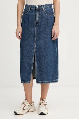 Rifľová sukňa Tommy Hilfiger tmavomodrá farba, midi, áčkový strih, WW0WW47729