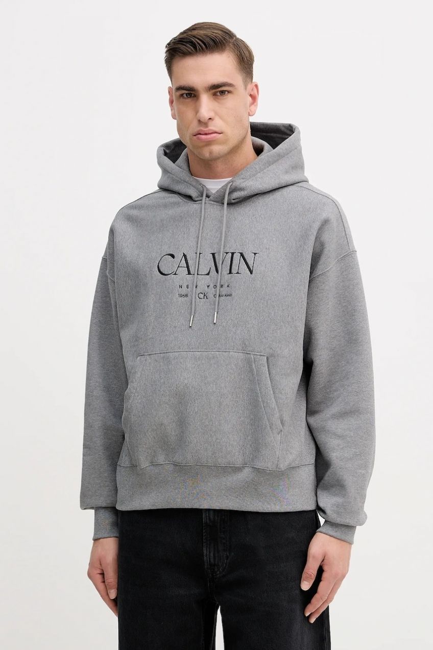 Mikina Calvin Klein šedá farba, s kapucňou, jednofarebná, LV04RE207G