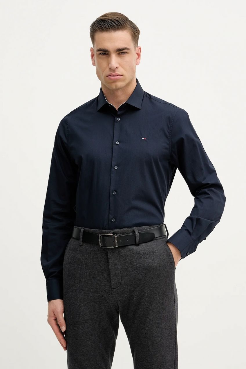 Bavlnená košeľa Tommy Hilfiger tmavomodrá farba, slim, s talianskym golierom, MW0MW41661