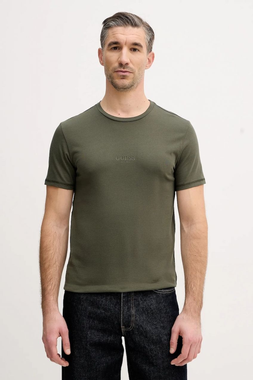 Bavlnené tričko Guess AIDY pánske, oranžová farba, s nášivkou, M2YI72 I3Z14