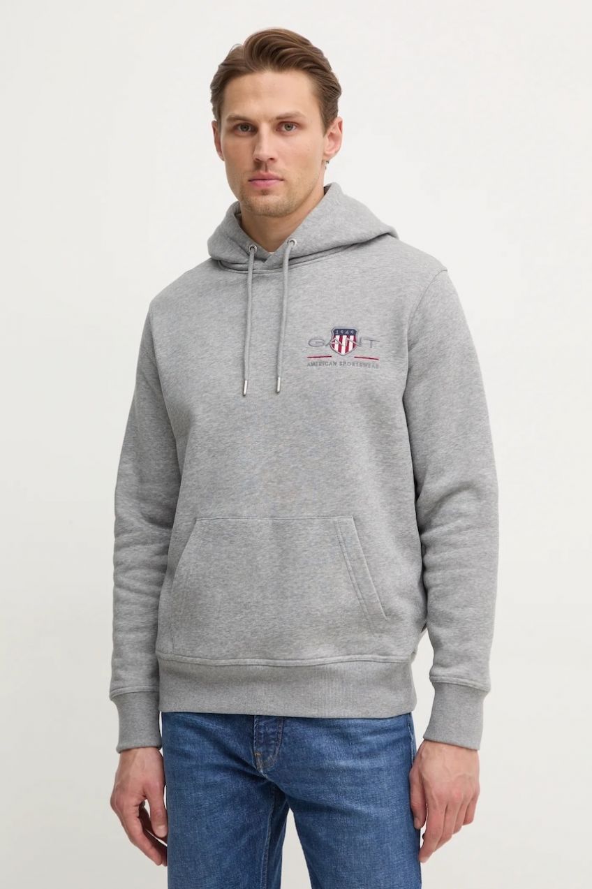 Mikina Gant pánska, šedá farba, s kapucňou, s nášivkou