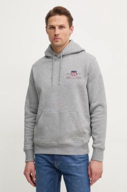 Mikina Gant pánska, šedá farba, s kapucňou, s nášivkou
