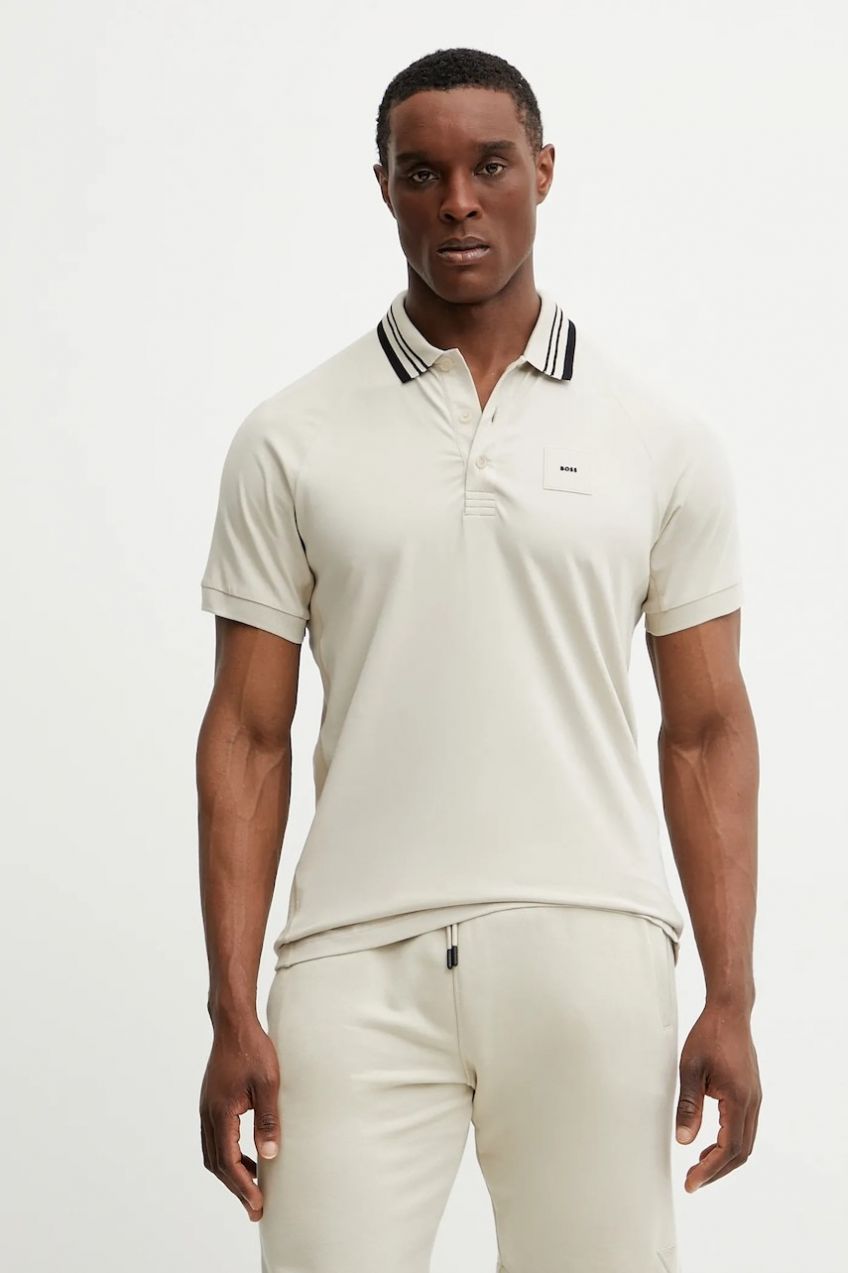 Polo tričko BOSS Green pánske, béžová farba, s nášivkou, 50538176