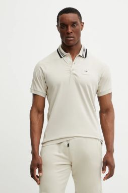 Polo tričko BOSS Green pánske, béžová farba, s nášivkou, 50538176