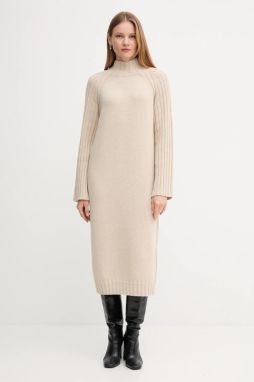 Vlnená sukňa Barbour VERA béžová farba, midi, rovný strih, LDR0940