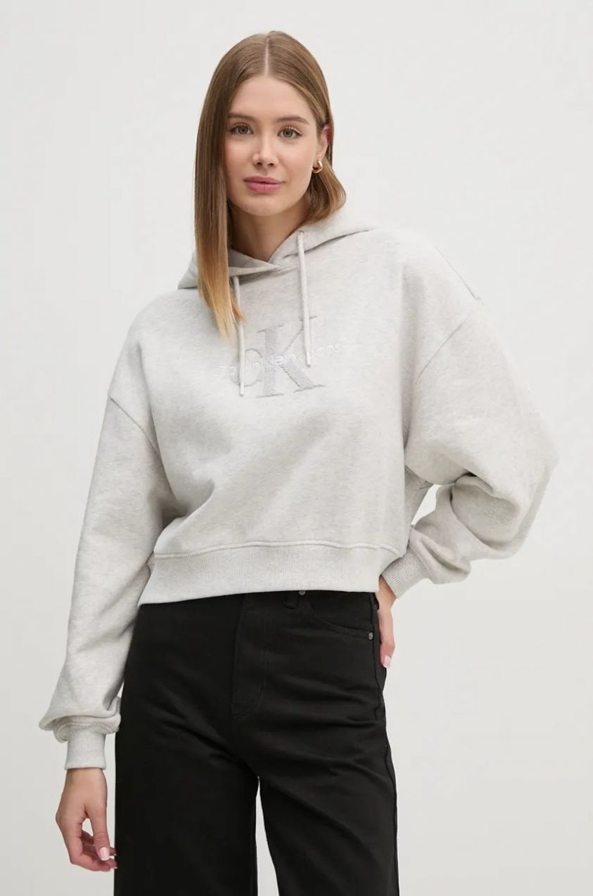 Bavlnená mikina Calvin Klein Jeans dámska, šedá farba, s kapucňou, s nášivkou, J20J224170