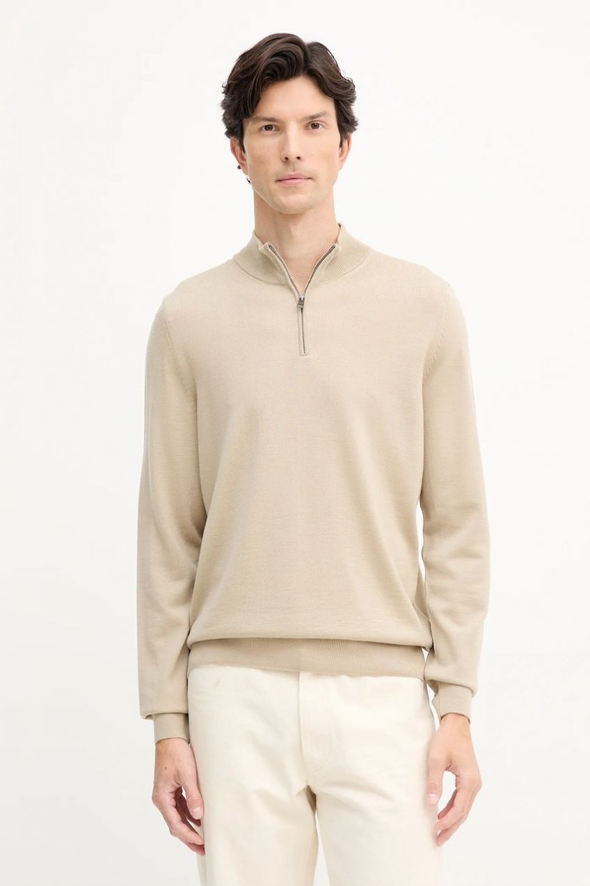 Vlnený sveter BOSS Ebenji tmavomodrá farba, ľahké, s polorolákom, 50528300