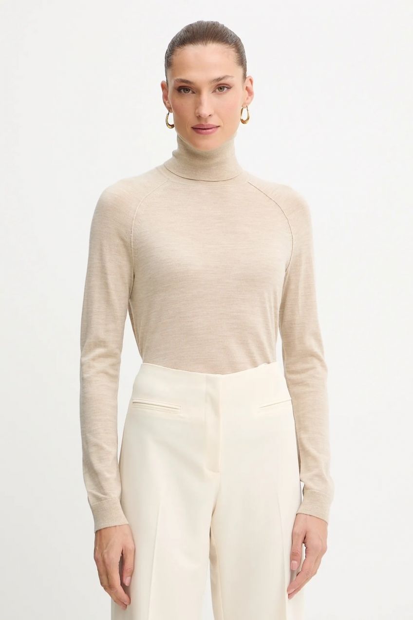 Vlnený sveter BOSS Frizani béžová farba, ľahké, s rolákom, 50548298