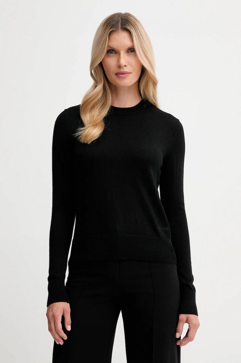 Sveter s prímesou vlny Calvin Klein čierna farba, ľahký, LV044D370G