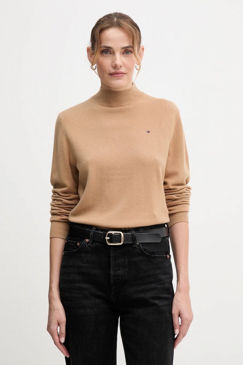 Vlnený sveter Tommy Hilfiger hnedá farba, ľahké, s polorolákom, WW0WW47468