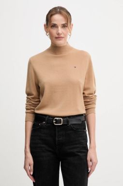 Vlnený sveter Tommy Hilfiger hnedá farba, ľahké, s polorolákom, WW0WW47468