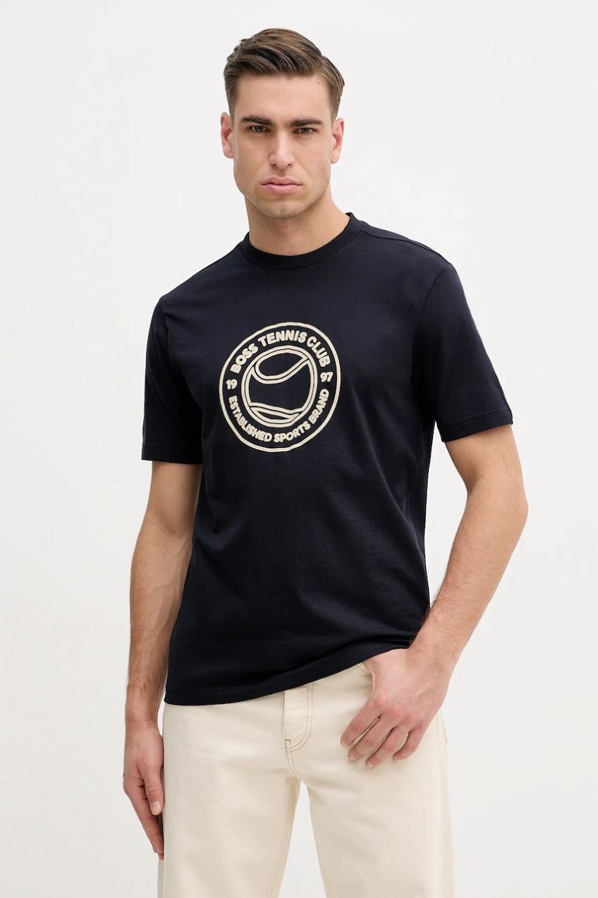 Bavlnené tričko BOSS Green TS_Join Logo pánske, tmavomodrá farba, s nášivkou, 50553648