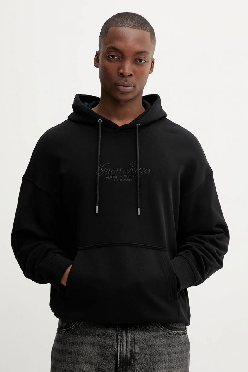 Bavlnená mikina Guess Jeans čierna farba, s kapucňou, jednofarebná, M5YQ16 KCPR1