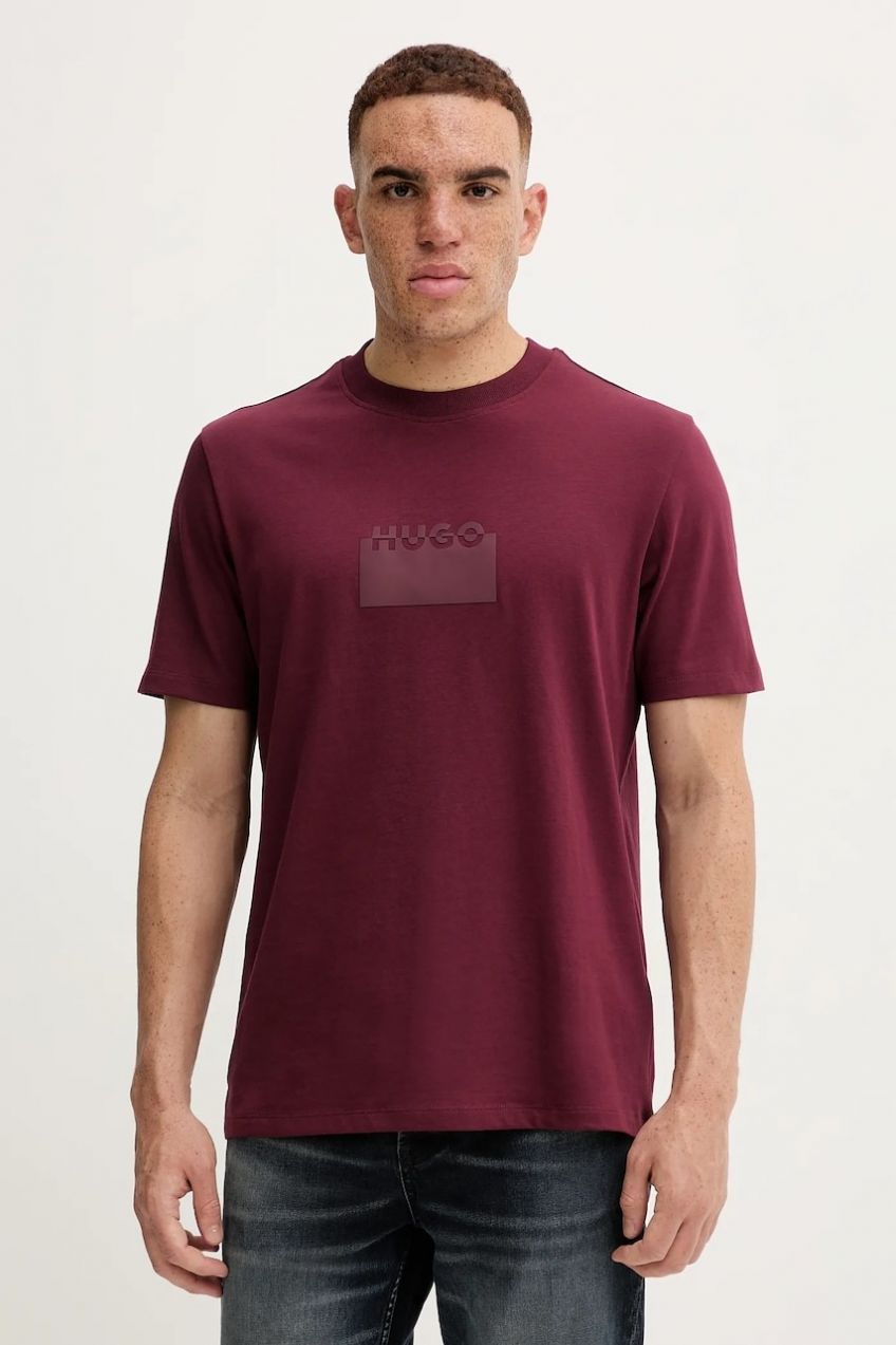 Bavlnené tričko HUGO Delastio pánske, bordová farba, s potlačou, 50546867