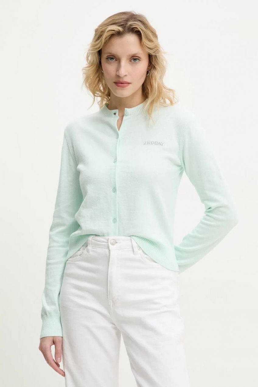 Kardigán s prímesou vlny 2NDDAY Vinny dámsky, tyrkysová farba, tenký, 2252341408