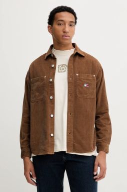 Menčestrová košeľa Tommy Jeans hnedá farba, voľný strih, s klasickým golierom, DM0DM22016