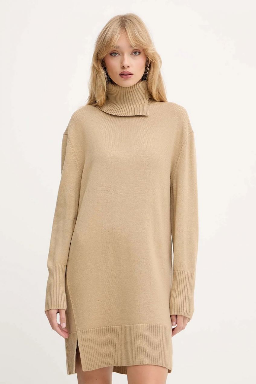 Šaty s prímesou vlny BOSS Orange C_Feringatessa béžová farba, mini, rovný strih, 50550493