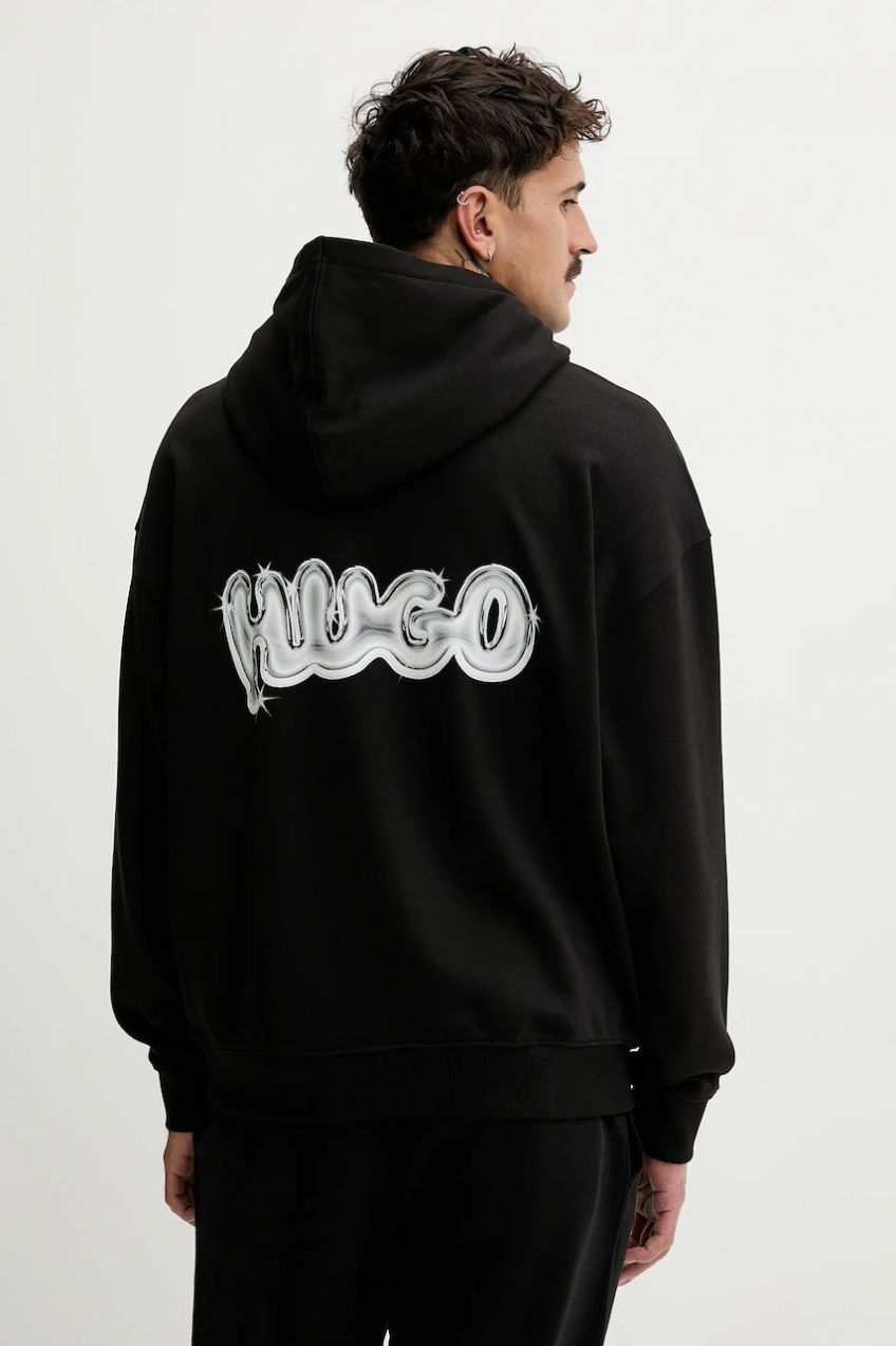 Bavlnená mikina Hugo Blue Nyrohood čierna farba, s kapucňou, s potlačou, 50549212